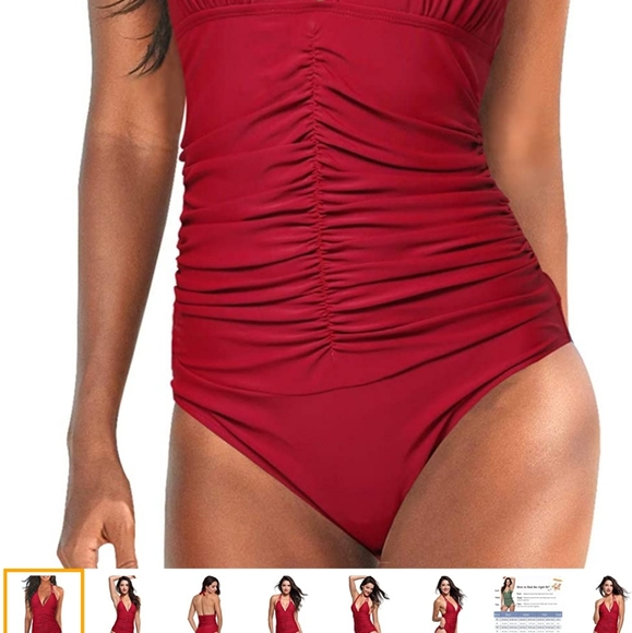 Red Ruched Deep V Triangle Top One Piece - Picture 2 of 3